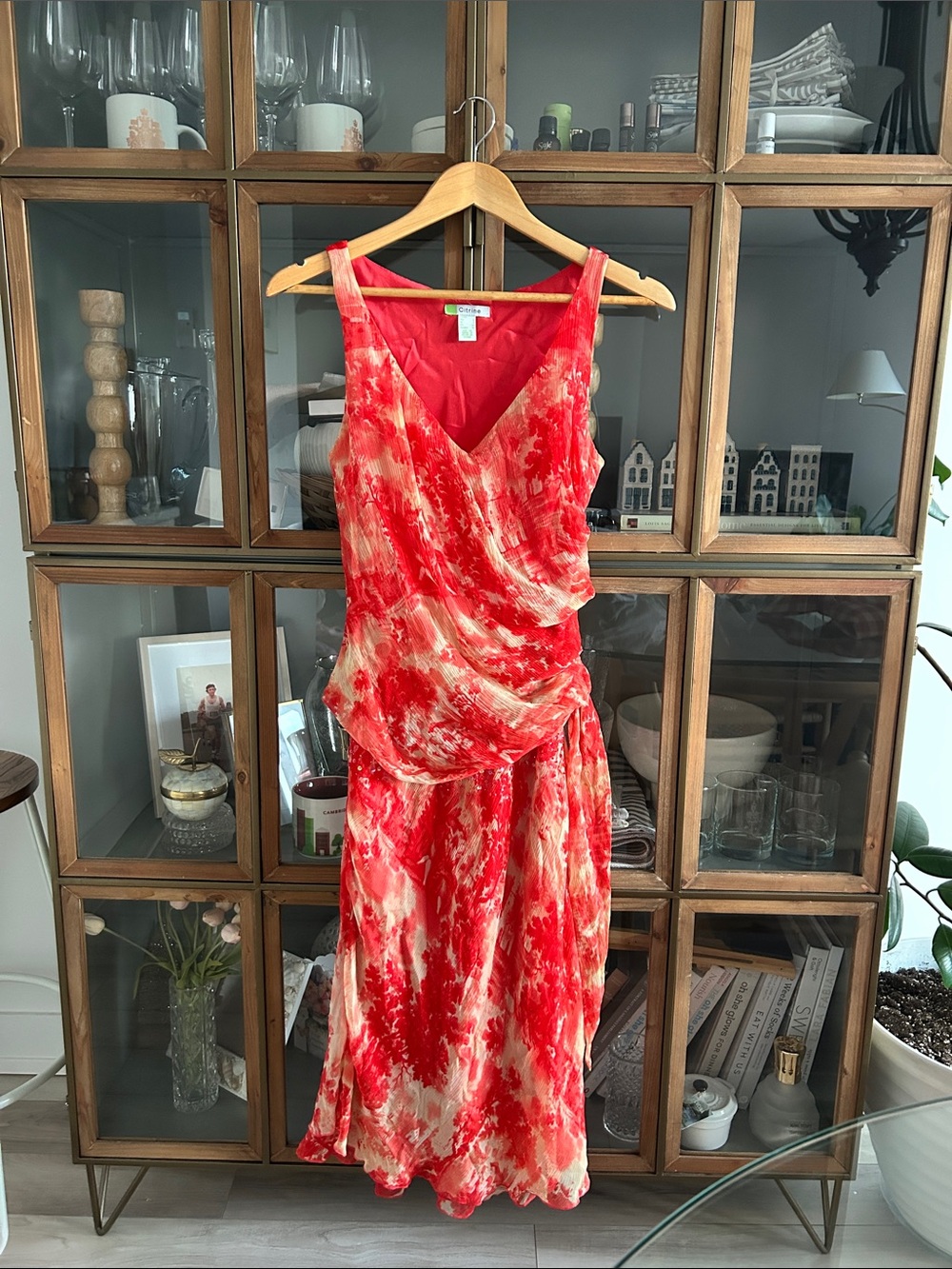 Vintage Citrine 100% Silk Red Floral-Print Sleeveless Dress